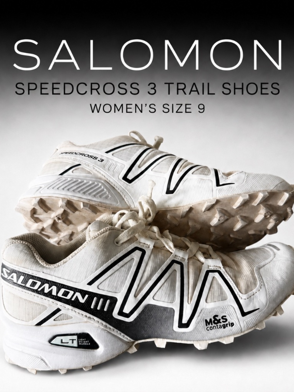 Salomon Speedcross 3 Trail Shoes in White with Black Accents women's size 9